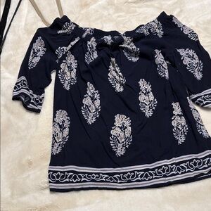 Elegant Navy Off-Shoulder Blouse with White Patterns